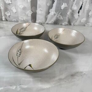 Set of 3 Wild Rice Stoneware Cereal Bowls Textured Beige Green Midcentury Japan